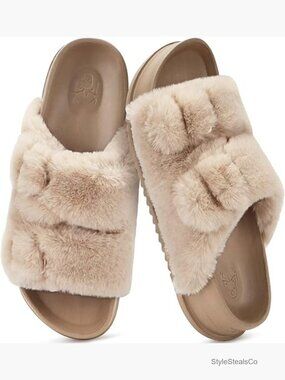 Womens Faux Fur Platform Slide Slippers Arch Support Open Toe House Shoes